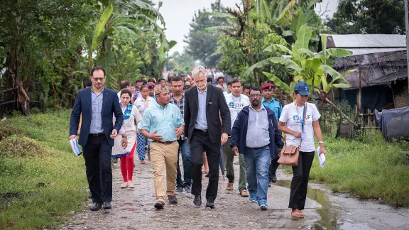 Camp secretary Rev. Tikaram Rasaily shows Rev. Dr Martin Junge around the Beldangi refugee camp, Jhapa district, Nepal. All photos: LWF /  Albin Hillert