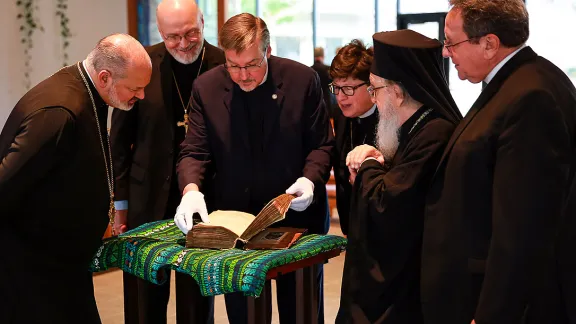 ELCA Presiding Bishop Elizabeth A. Eaton (third from right) said LSTC giving back the New Testament manuscript to the Greek Orthodox Church was âan expression of the essential partnership between theological education and Lutheran-Orthodox relations.â Photo: Will Nunnally