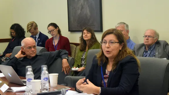 Caption: Ms Elena Cedillo, representative of the LWF Central America program, speaks at a side event of the UN High Level Political Forum 2017 in New York. On the left is Dr William F. Vendley, Secretary General, World Conference of Religions for Peace. Photo: Lutheran Office for World Community