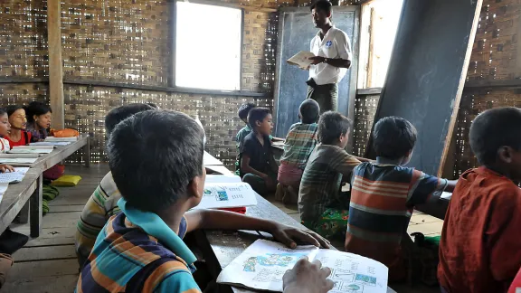 Children in one of the Nget Chaung-2 school rooms. These temporary classrooms constructed by LWF are the only school they are currently able to attend. Photo: LWF/ C. KÃ¤stner