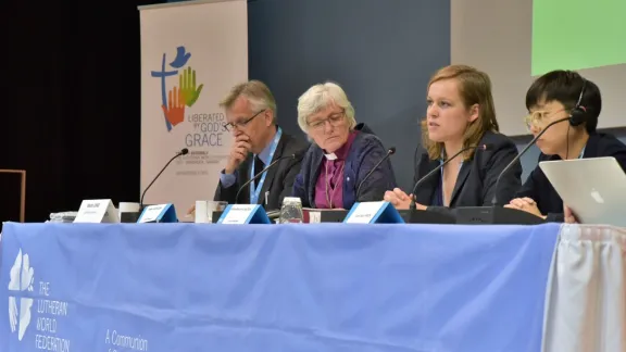 The LWF General Secretary and Council members reflected on the Council at the press conference. From left: General Secretary Martin Junge, Archbishop Antje JackelÃ©n, Anna-Maria Klassen and Eun-hae Kwon. Photo: LWF/Marie Renaux