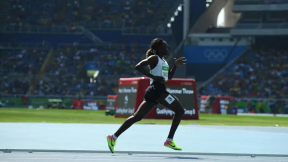 South Sudanese refugee, Rose Nathike Lokonyen, runs the 800-metres for the Refugee Olympic Team at Rio 2016. Photo: UNHCR/Benjamin Loyseau