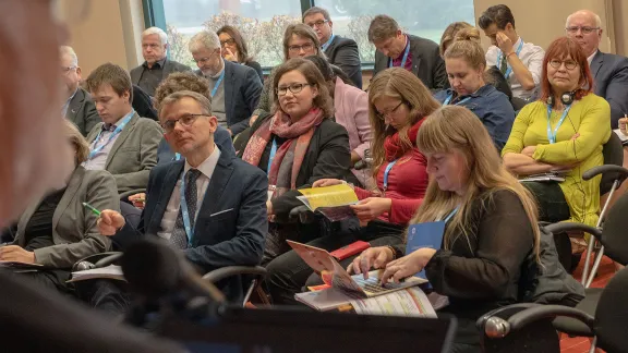 Participants in the LWF European Regions' Meeting in Moravske Toplice, Slovenia, follow the presentation of LWF General Secretary Rev. Dr Martin Junge. Photo: LWF/A. Danielsson