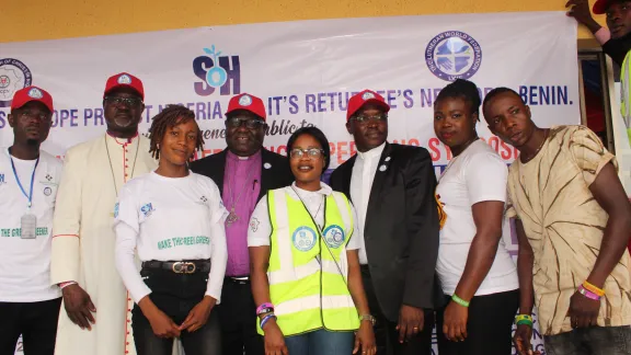 LWF President Archbishop Dr Panti Filibus Musa (second left), LCCN Abuja Bishop Dr Benjamin Fuduta (fourth left) and SOH national coordinator Rev. Dr Lesmore G. Ezekiel (third right), with SOH Ambassadors of Hope (from left to right) Osaretin Ushoma, Happiness Ehime, Ngozi Nwachuku and Kenneth Bright. Photo: ALCINET/Felix Samari