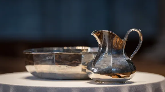 16 June 2019, Geneva, Switzerland: Flagon and font are placed in the Saint Peter's Cathedral, Geneva, in remembrance that 'in baptism, we have been incorporated into the one body of Christ'. Leaders of Lutheran, Roman Catholic, Methodist, Reformed and Anglican global church bodies celebrated the 20th anniversary of the historic Joint Declaration on the Doctrine of Justification. Photo: LWF/Albin Hillert