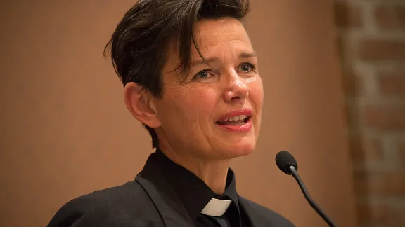 Rev. Siv Limstrand, Open Church of Trondheim City Mission, speaks at the LWF Europe panel during the church leadership gathering in Trondheim, Norway. Photo: LWF/Ryan Rodrick Beiler