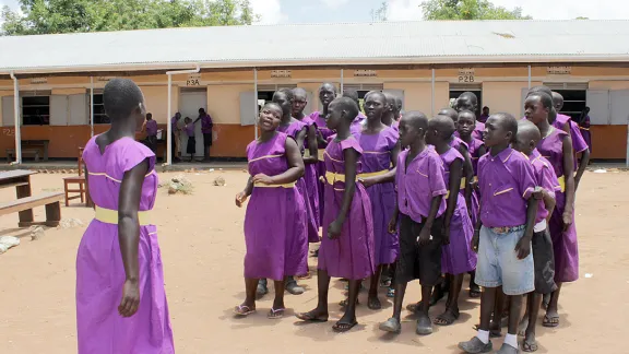 Gift leading the Child Rights Club at Boroli Primary School. In just two years she has become head girl of her school in the refugee camp and is leading her schoolâs Child Rights Club. Photo: LWF Uganda