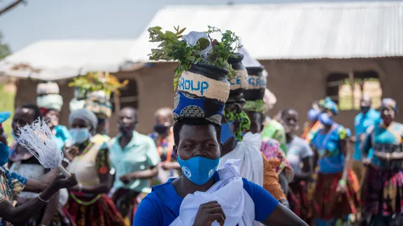 2 April 2022, Palorinya settlement, Obongi district, Uganda: A group of South Sudanese refugee women from the Kuku ethnic group dance and sing as they gather at the 'God's Grace' women's self-help group in the Palorinya refugee settlement. The refugees and host communities in the area receive support from the Lutheran World Federation World Service program in Uganda. All photos: LWF/Albin HillertÂ 