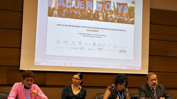 Members of the Colombian Commission of Jurists detail the situation in their country at a Human Rights Council side event on 16 March 2018. Photo: LWF/ Peter Kenny