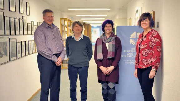 From left to right, Wartburg professor of pastoral theology, Rev. Nathan Frambach, LWFâs communications officer, Philippa Hitchen, 3rd year student Carrie Petersen and 2nd year student Marietta Nelson-Bitte. Photo:LWF/N. Torrecillas