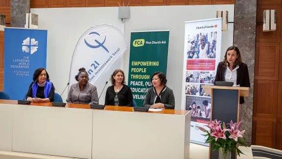 Ms Maria-Cristina RendÃ³n, LWF program assistant for Gender Justice and Womenâs Empowerment, addressing the participants at the event. Photo: LWF/S. Gallay