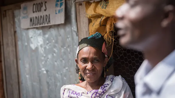 Fadinatou Amadou Tukur (left) and Tanga Moktar (right) run a small poultry farm in the Gado refugee camp, Cameroon. Photo: LWF/Albin Hillert