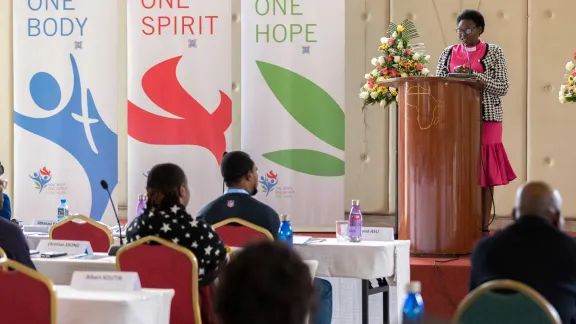 Bishop Naledzani Sikhwari of the Evangelical Lutheran Church In Southern Africa delivers a keynote lecture as Lutherans from across the continent of Africa gather in Nairobi for a regional, Africa pre-assembly to the LWF. Photo: LWF/Albin Hillert