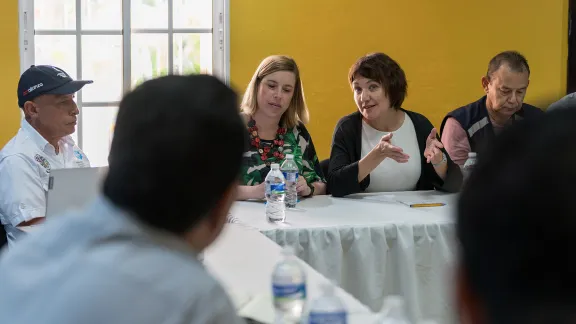 27 October 2023, Guaimaca, Honduras: Lutheran World Federation general secretary Rev. Dr Anne Burghardt speaks during a meeting with municipal mayor of Guaimaca, Nelson Chávez. Photo: LWF/A. Hillert