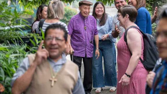 24 October 2023, San Salvador, El Salvador: Bishop Medardo Gómez of the Salvadoran Lutheran Church (centre) pictured welcoming visitors to the synod of his church in San Salvador. Photo: LWF/A. Hillert