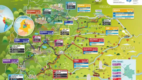 A map for the migrant population in transit on the Arauca Casanare protection route, developed by LWF Colombia in Venezuela with support from the Swiss Embassy. Photo: Lorena Acevedo, FLM Colombia y Venezuela