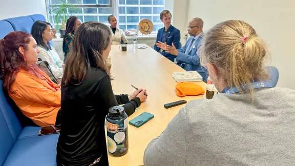 The LWF delegation in session at the ECOSOC Youth Forum, in this photo, a conversation with Mr Bernard Mabeba, Counsellor (Fourth Committee) Peace & Security at the Permanent Mission of South Africa to the United Nations. Photo:LWF/S. Sullivan 