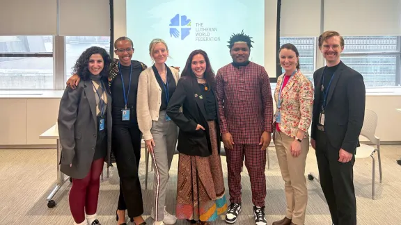 Panelists at the LWF side event at the ECOSOC Youth Forum: From left, Tamar Haddad (ELCJHL), Naomi Mbise (ELCT), Savanna Sullivan (LWF), Ingrid Kurtz (IELU), Wontoe T. Wontoe, (Liberia) Erin Brown and Kaleb Sutherland (ELCA). Photo: LWF/S. Sullivan