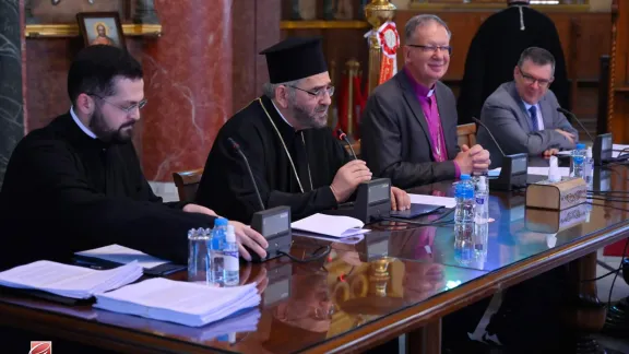 From left to right, Deacon Œcumenius Amanatidis, Metropolitan Prof. Kyrillos of Krini, Bishop Johann Schneider and Prof. Dr Dirk Lange, the co-chairs and co-secretaries of the International Lutheran-Orthodox Joint Theological Commission. Photo: George Adib