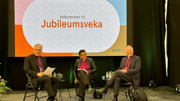 Panel discussion on “The values of the church” with (from left) the Presiding Bishop of the Church of Norway, Olav Fykse Tveit, Anglican Bishop Rosemarie Mallett from the Diocese of Southwark, United Kingdom, and LWF President Henrik Stubkjær. Photo: LWF/I. Lucas