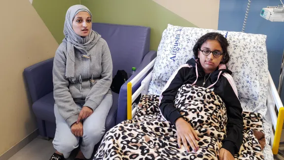 Amira Al-Sabbagh with her mother at the Augusta Victoria Hospital. Photo: LWF/ E. Shaheen