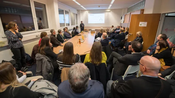 Representatives from LWF member churches across Europe visit the Counselling Center for Ukraine Refugees of Diakonie Austria.. Photo: LWF/A. Hillert