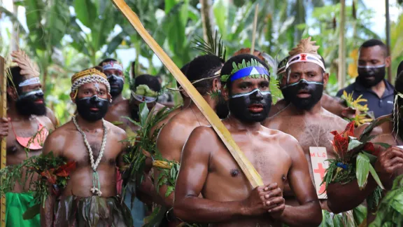 Students at Martin Luther Seminary in Lae, Papua New Guinea, prepare for a dance procession at a ceremony during the companion synod consultation in the country. Photo: ELCA/Y. Franklin Ishida