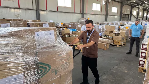 LWF staff prepare a shipment of medical supplies and cancer medication in August 2024. The truck reached Gaza City in September last year. Photo: LWF/ Jordan