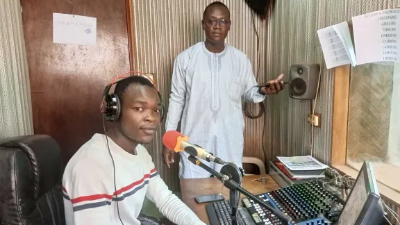 In 2023 RSL transmitted over 6,000 live programs and more than 1,800 recorded programs. In this photo, radio presenter Raoul Gabriel Doba and technician Timothée Donguim during a live transmission. Photo: RSL