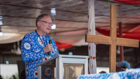 LWF President Bishop Henrik Stubkjær addresses participants on the anniversary day celebration of the 100th annual convention of the Lutheran Church of Christ in Nigeria