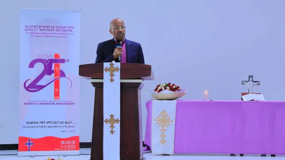 Rev. Dr Yonas Dibiza Yigesu, President of The Ethiopian Evangelical Church Mekane Yesus (EECMY), speaking during the celebrations for 25 years of women’s ordination to the church’s pastoral ministry. Photo: EECMY