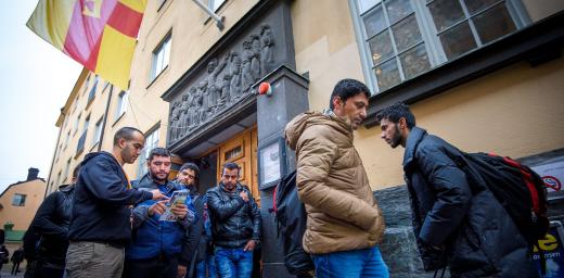 Newly arrived refugees outside the parish house of Katarina Parish, Stockholm, Sweden. Photo: Magnus Aronson /Ikon