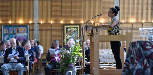 Cheryl Philip, of the Evangelical Lutheran Church in America, presents the liturgy at the opening worship of the LWF Council 2018. All photo: LWF/Albin Hillert