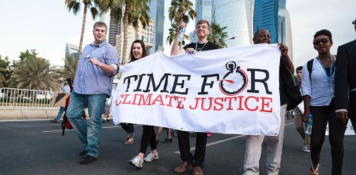 Lutheran youth and ecumenical partners joined hundreds of demonstrators on 1 December for a climate march in Qatar to demand action at the COP 18 summit. Â© LWF/Sidney Traynham