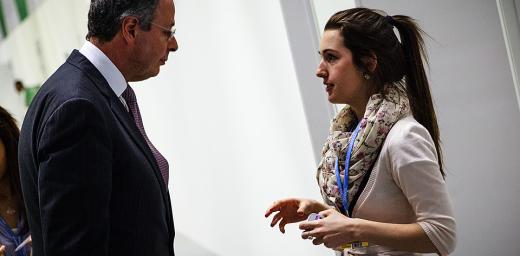 LWF delegation member Raquel Kleber (from Brazil; right) speaks with Ambassador AndrÃ© CorrÃªa do Lago, head of the Brazilian country delegation at the COP18 climate summit in Doha. Â© LWF/Sidney Traynham
