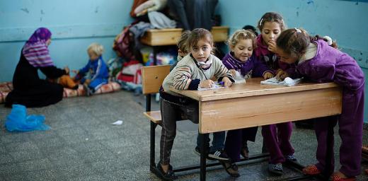 Displaced Palestinian children play inside a classroom in a UN-run school in Gaza City. Â© Suhaib Salem/Reuters, courtesy Trust.org - AlertNet