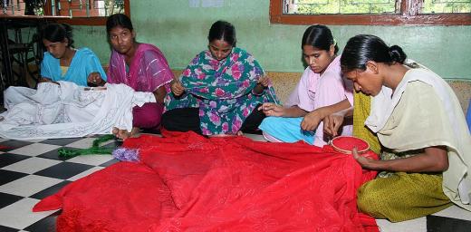 Girls and women rescued from human trafficking or other forms of violence receive skills training in tailoring and hand embroidery at the RDRS rehabilitation center in Rangpur, northwest Bangladesh. Â© RDRS Bangladesh