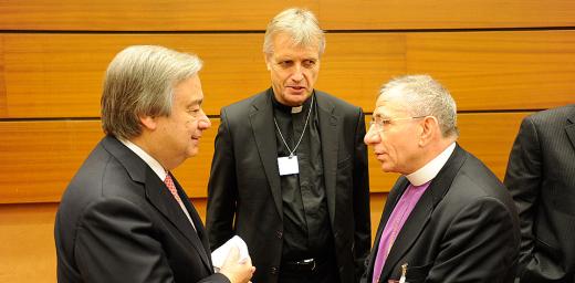 (Left to right) UNHCR High Commissioner AntÃ³nio Guterres, LWF General Secretary Rev. Martin Junge and LWF President Bishop Dr Munib A. Younan at the Dialogue on Faith and Protection. Â© LWF/Peter Williams