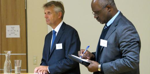 (left to right) Rev Martin Junge, LWF General Secretary, and Rev. Dr Musa P. Filibus, LWF Department for Mission and Development Director, at the Lutheran Theological Education for Communion Building consultation in Wittenberg Â© LWF/Anli Serfontein