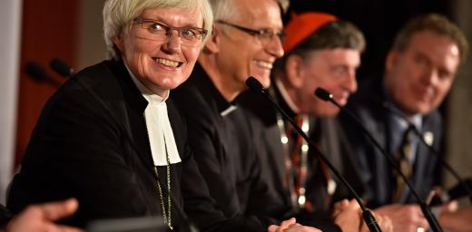 Church of Sweden Archbishop Antje JackelÃ©n (left) with LWF and Catholic Church leaders during a press conference for the October 2016  joint commemoration in Lund, Sweden. Photo: LWF/M. Renaux