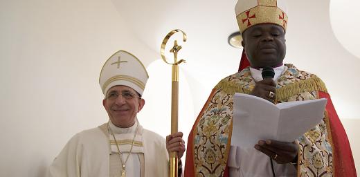 (l. to r.) LWF President Bishop Dr. Munib Younan and LWF Vice-President  for Africa Bishop Dr Alex G. Malasusa at the dedication of the Bethany-beyond-the-Jordan Evangelical Lutheran Church. Photo: ELCJHL