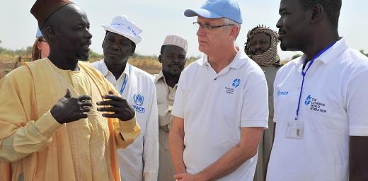 LWF General Secretary Junge met with the chief of Koutoufou village Adam Younouss, who provided the Seeds for Solutions project with land on which refugees from the Djabal camp and villagers from Koutoufou jointly farm. Photo: LWF/A. Danielsson