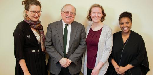 Visiting the Lutheran office in New York, Helena Funk (third from left) received valuable tips on climate advocacy from Rebekka Pohlmann, Germany; Dennis Frado, LWFâs representative at the UN headquarters; and Christine Mangale, LOWC program director. Photo: Doug Hostetter