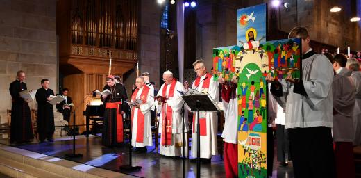 Kurt Cardinal Koch, President, Pontifical Council for Promoting Christian Unity; LWF President Bishop Dr Munib A. Younan; Pope Francis; and LWF General Secretary Rev. Dr Martin Junge, at the Joint Catholic-Lutheran Commemoration of the Reformation in Lund, Sweden, 31 October 2016. Photo: LWF