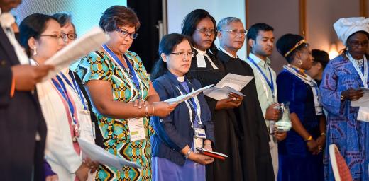 Women's pre-assembly participants deliver their message to the LWF Assembly gathered in Namibia, on 10 May 2017. Photo: LWF/Albin Hillert