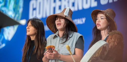 Indigenous Peoples Constituency members speak at the People's Plenary at COP26 in Glasgow, Scotland. Photo: LWF/Albin Hillert