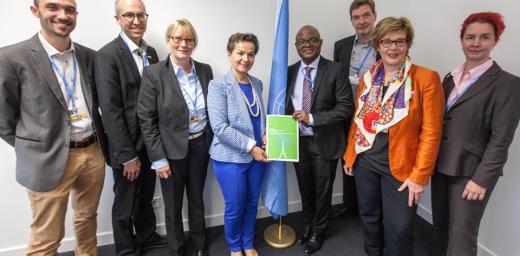 Countdown to #COP 21 in Paris: 154 spiritual and faith leaders presented a Statement on #COP21 to UN climate representative Christiana Figueres, calling on all governments to commit to emission cuts and climate risk reduction.  Photo: Sean Hawkey