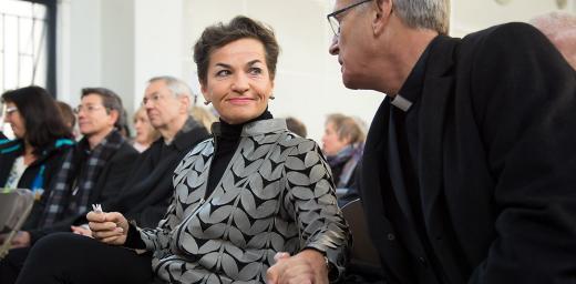 Christiana Figueres, Executive Secretary of the United Nations Framework Convention on Climate Change (UNFCCC), greets LWF Secretary General Martin Junge before a ceremony for the presentation of some 1.8 million signatures on an interfaith petition for climate justice during the COP21 climate summit in Paris, France, November 28, 2015. Photo: LWF/Ryan Rodrick Beiler