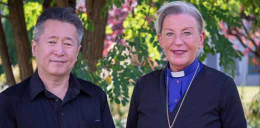 Rev. Toshiki Toma and Bishop of HÃ³lar Diocese Solveig Lara Gudmundsdottir at the LWF Ecumenical Center in 2019. Rev. Toshiki Toma of the International Congregation in BreiÃ°holts Church is pastor to immigrants and refugees at the Evangelical Lutheran Church of Iceland. Photo: LWF/A. Danielsson