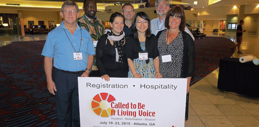 Rev. Dr Stephen Larson, back right, with other members of the worship planning committee celebrating worship music at Living Voices, in Atlanta, United States. Photo: Rev. Dr Benjamin Stewart